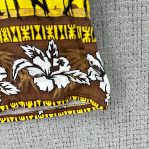 RJC Vintage Hawaiian Mens Shirt L Yellow Brown Button Down Floral Surfing - Picture 3 of 8